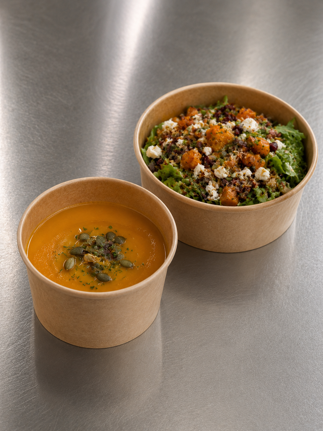 Verse salade en soep als onderdeel van een bedrijfslunch van BON Catering